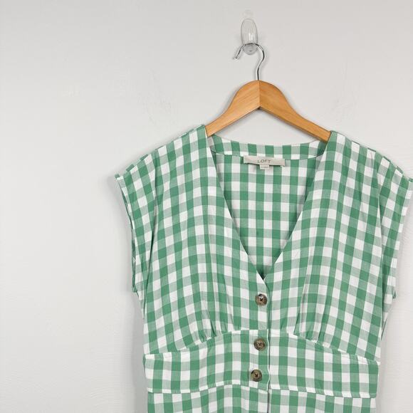 Loft Green & White Gingham Checkered A-Line Button Front Dress - Picture 5 of 10